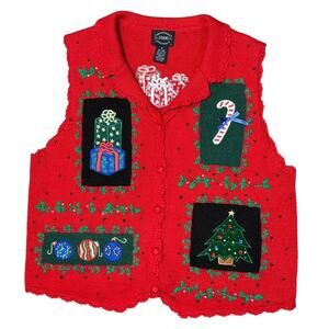 Designers Originals Christmas Sweater Vest Women's M Embroidered Tree‎ Presents